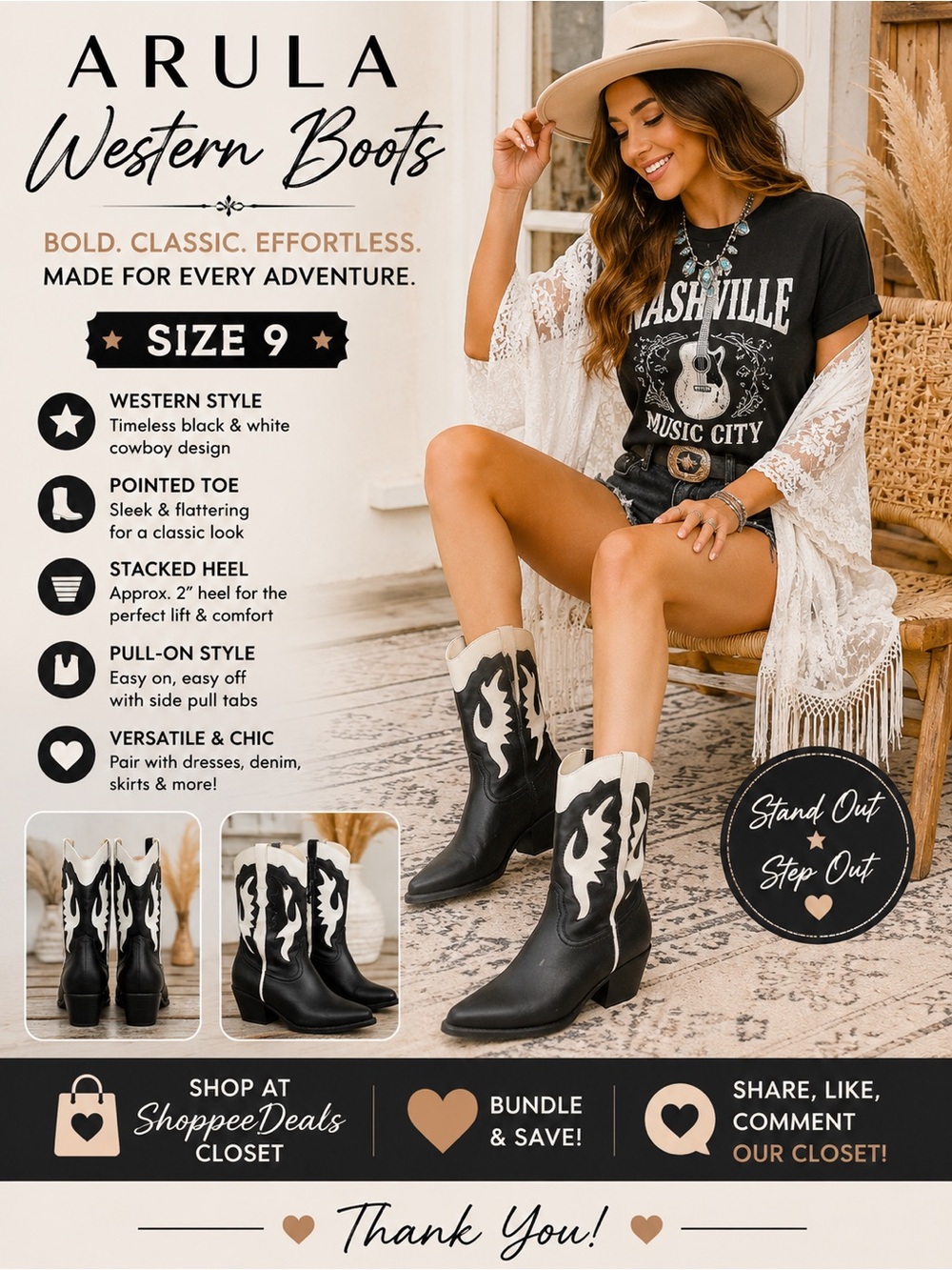 Arula Black & White Western Cowboy Boots – Women’s US 9